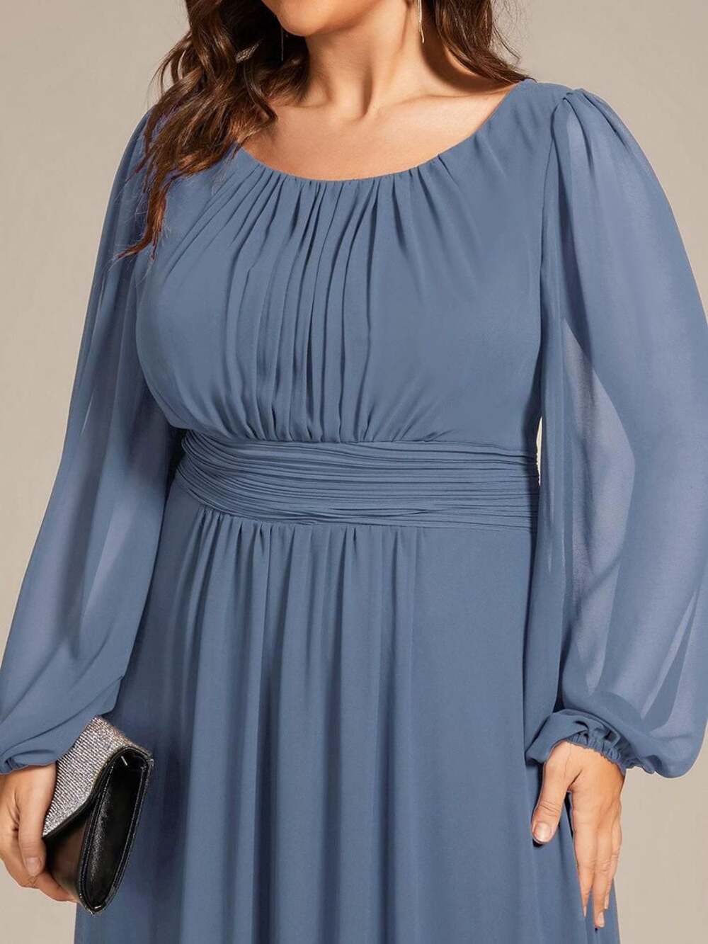 Plus Size 22 Long Sleeve Empire Waist Pleated Chiffon Formal Dress Gown - Picture 9 of 9